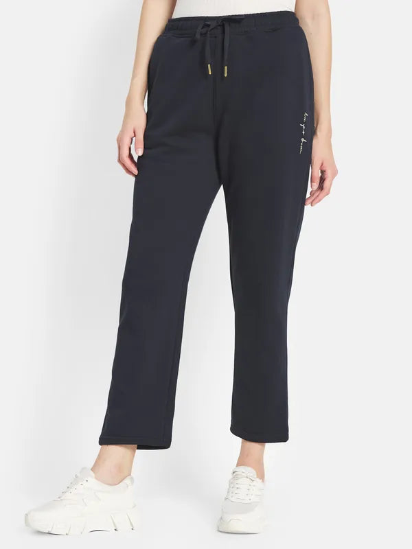 Mettle Women Navy Blue Solid Cotton Track Pants