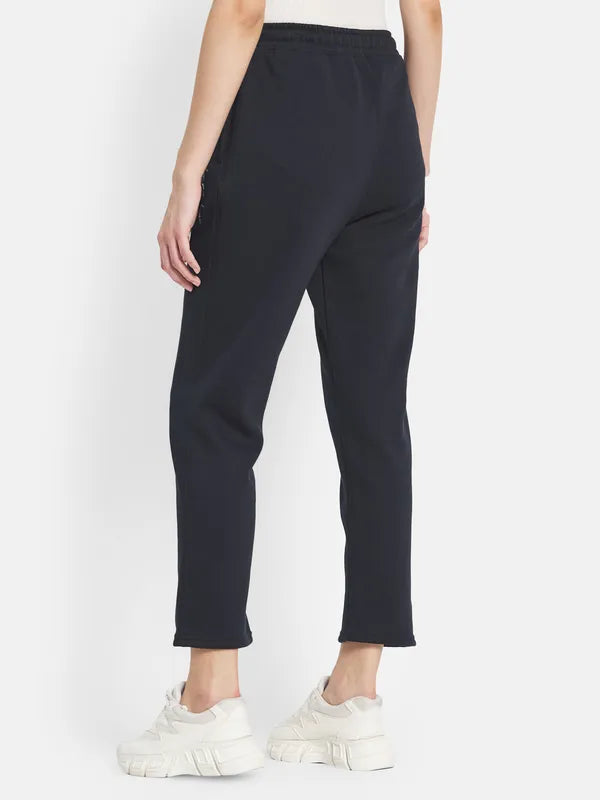 Mettle Women Navy Blue Solid Cotton Track Pants