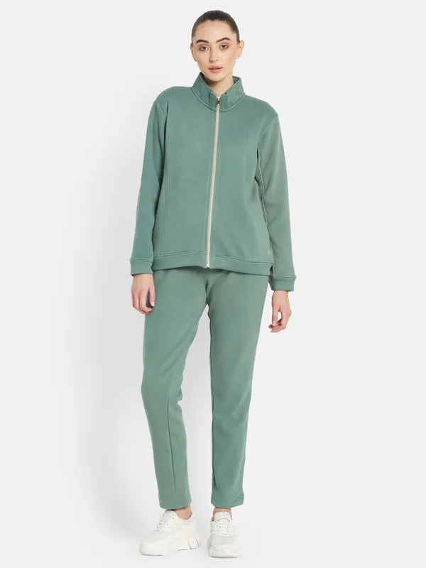 Mettle Women Olive-Green Solid Tracksuits