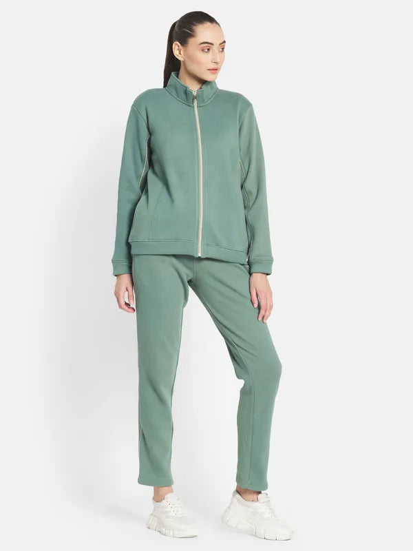 Mettle Women Olive-Green Solid Tracksuits