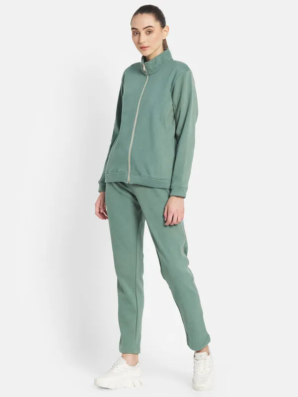 Mettle Women Olive-Green Solid Tracksuits