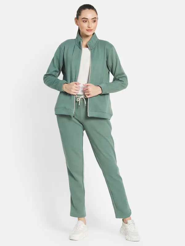 Mettle Women Olive-Green Solid Tracksuits