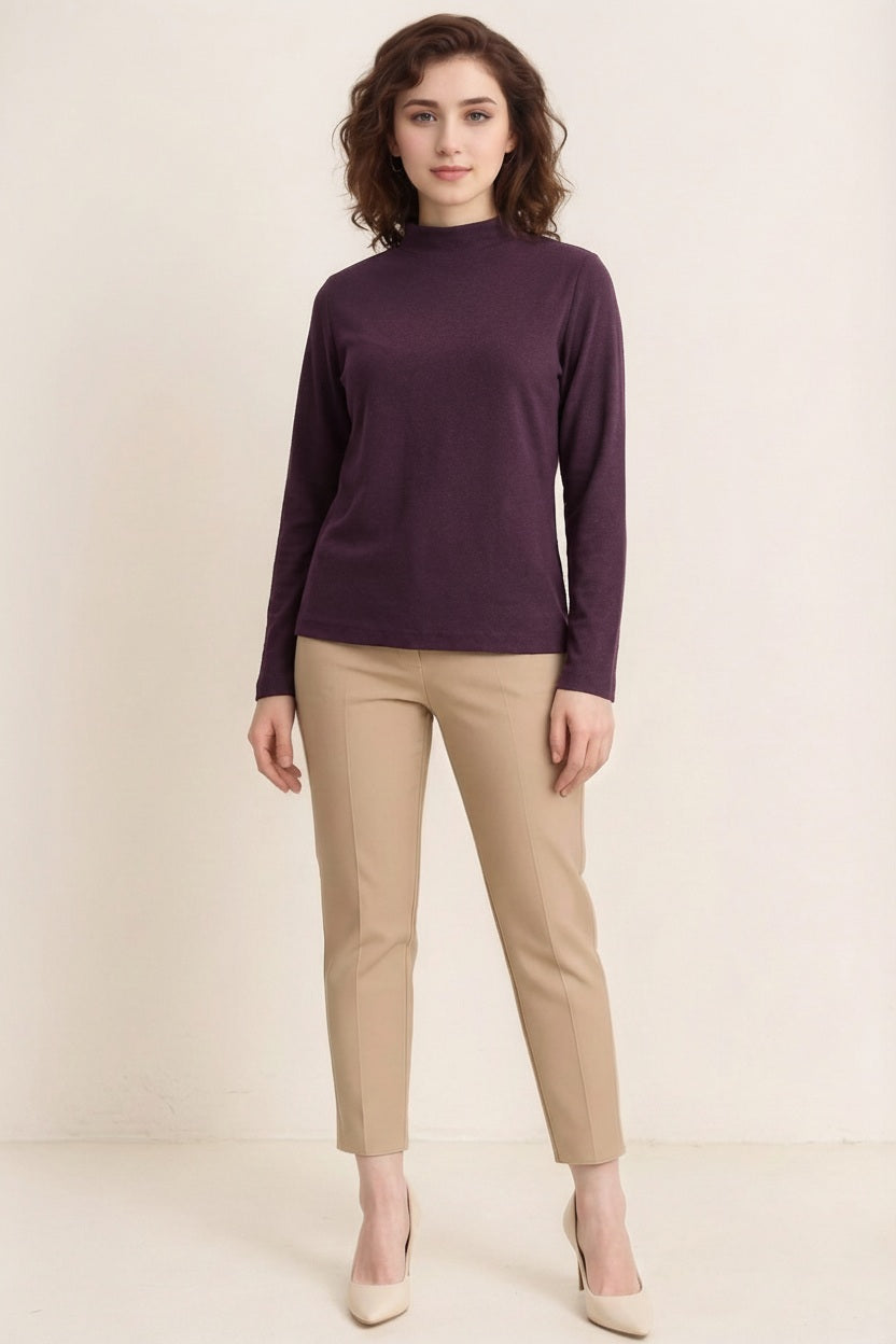 Women Grape Solid Round Neck Top