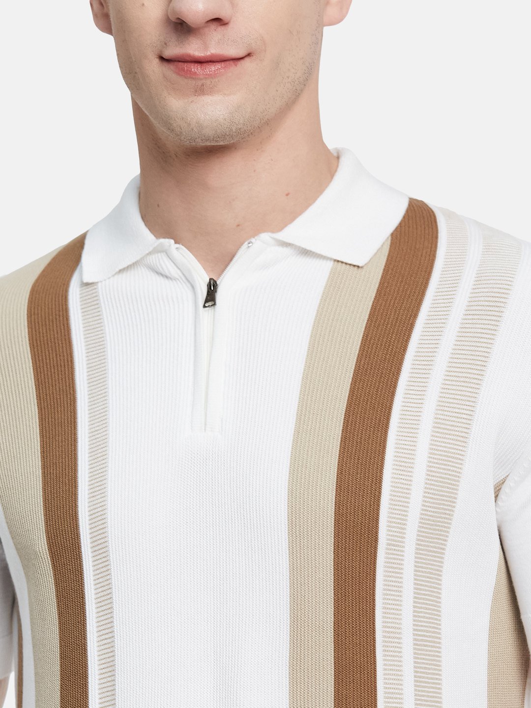 METTLE Men Striped Polo Collar Cotton T-shirt