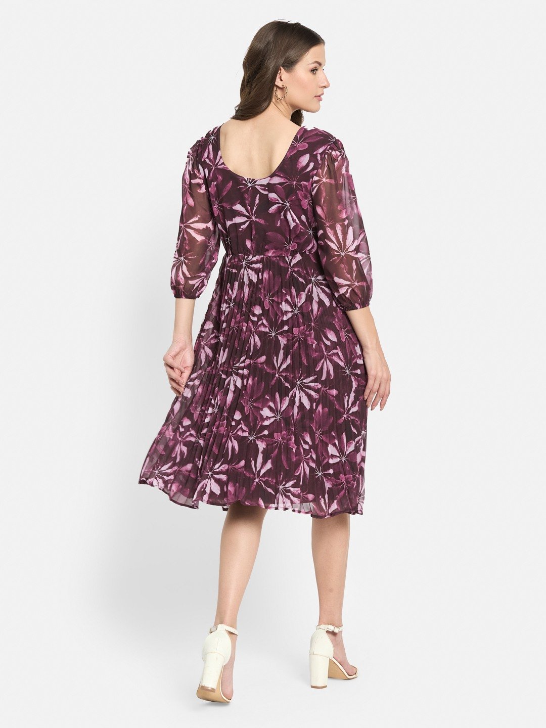 METTLE Women Floral Print Puff Sleeve Accordion Pleats Midi Fit & Flare Dress