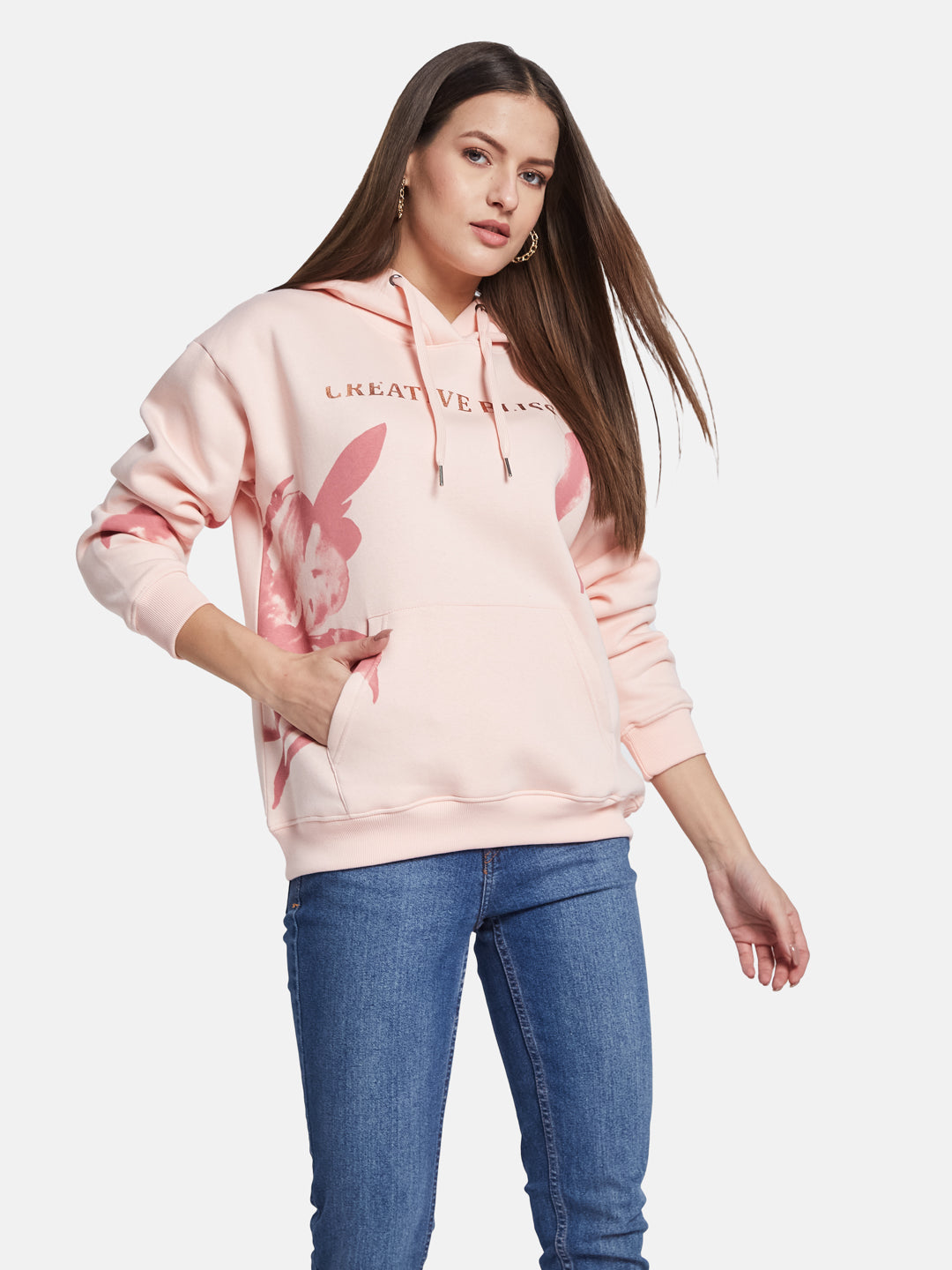 METTLE Women Printed Hooded Pullover Sweatshirt
