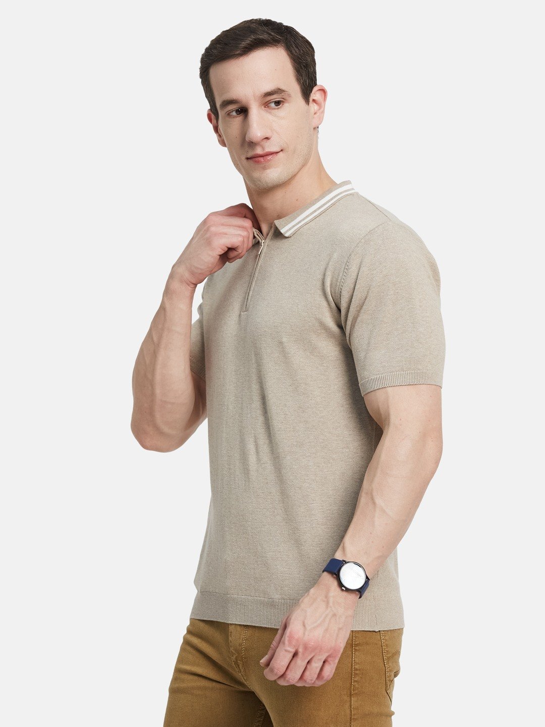 METTLE Men Solid Polo Collar Cotton T-shirt