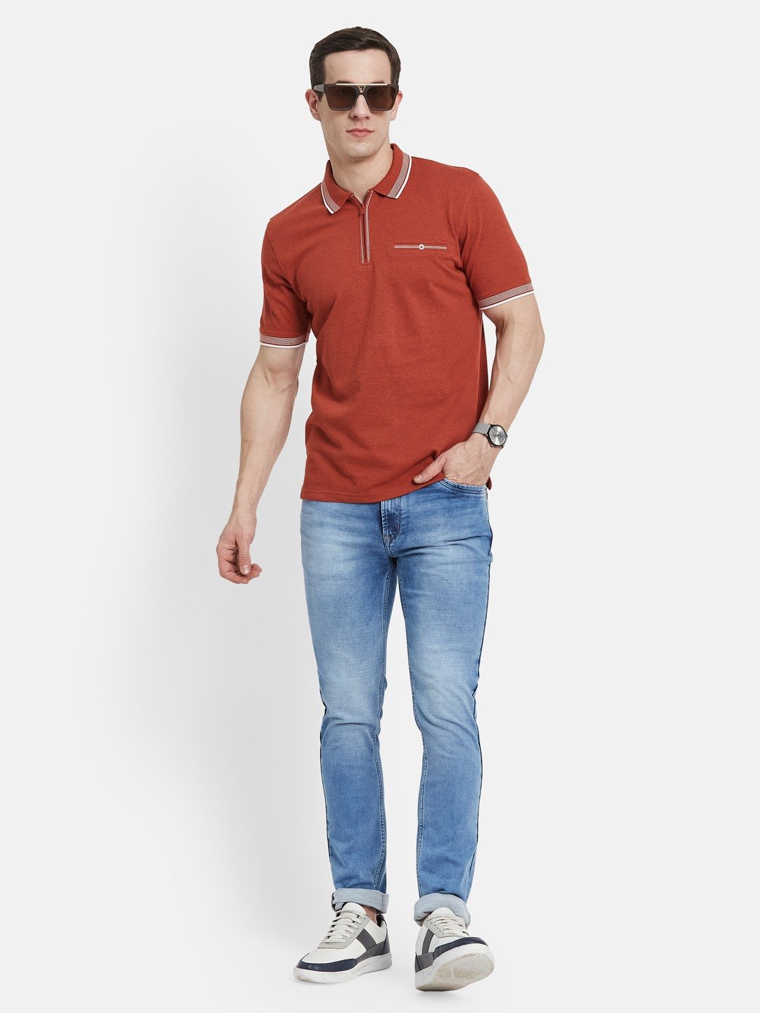 SOLID HALF-ZIP  POLO NECK POPCORN KNIT T-SHIRT
