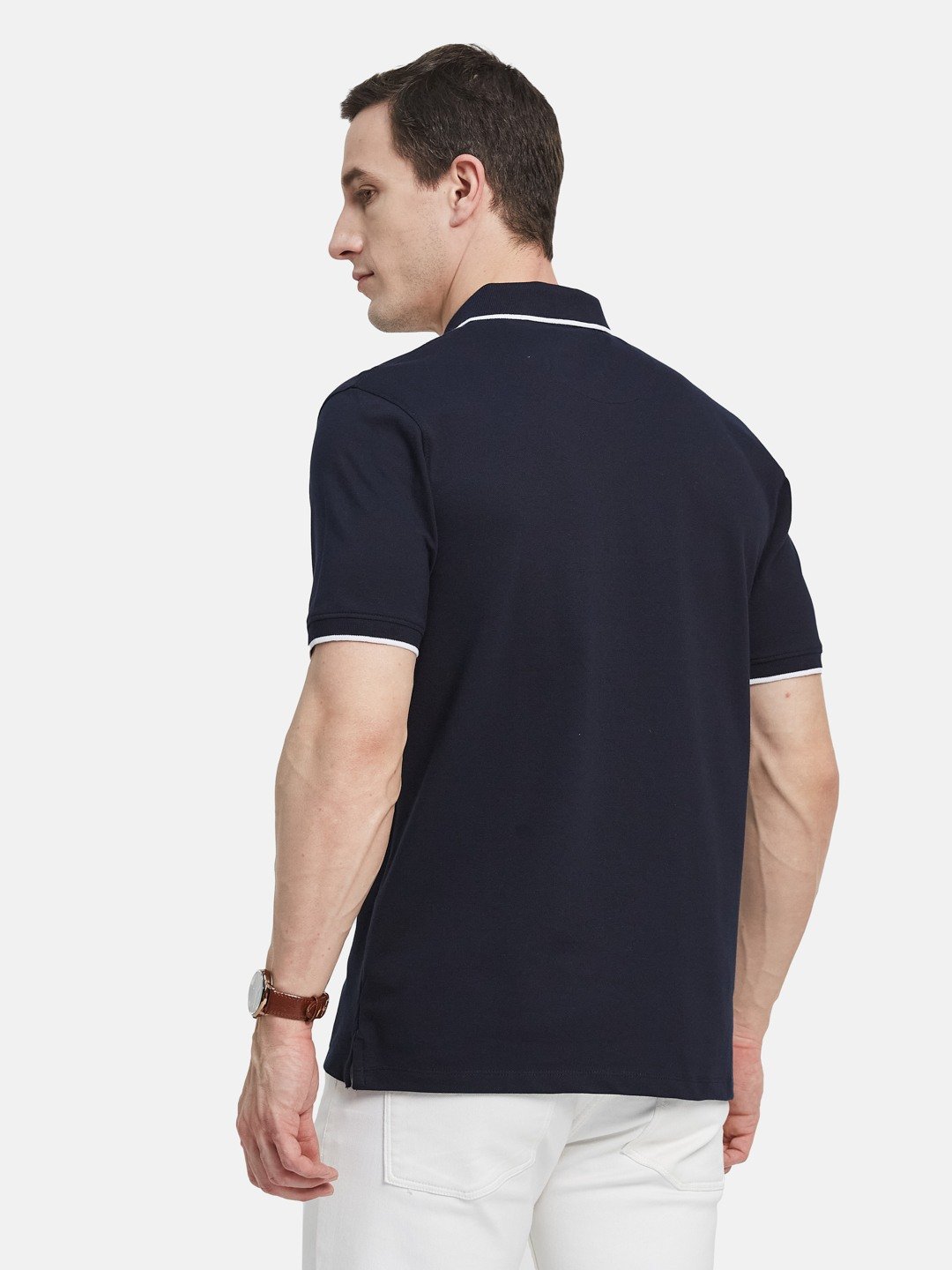 VERTICAL STRIPE HALF-ZIP POLO NECK PIQUE LYCRA T-SHIRT