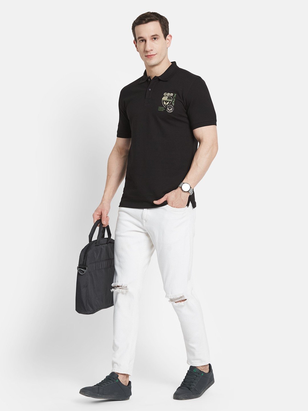 SOLID POLO NECK PIQUE MILLITARY APPLIQUED T-SHIRT
