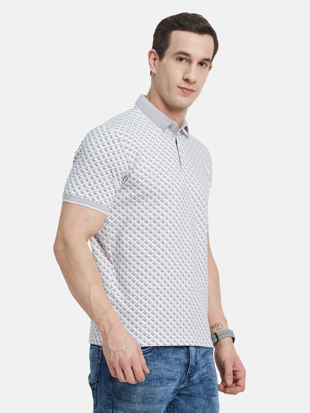 AOP MOTIF PRINT  POLO NECK SINGLE JERSEY KNIT LYCRA T-SHIRT