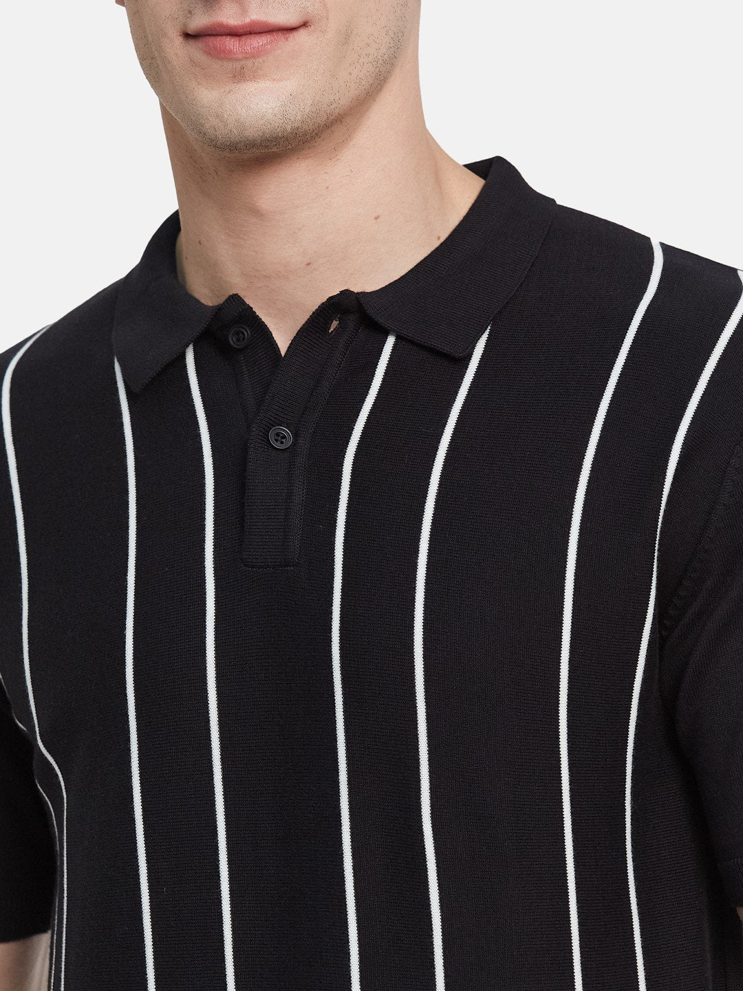 METTLE Men Striped Polo Collar Cotton T-shirt