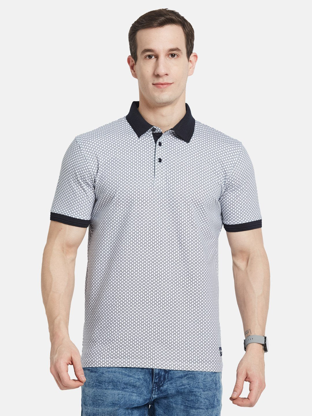 AOP MOTIF PRINT POLO NECK SINGLE JERSEY KNIT T-SHIRT