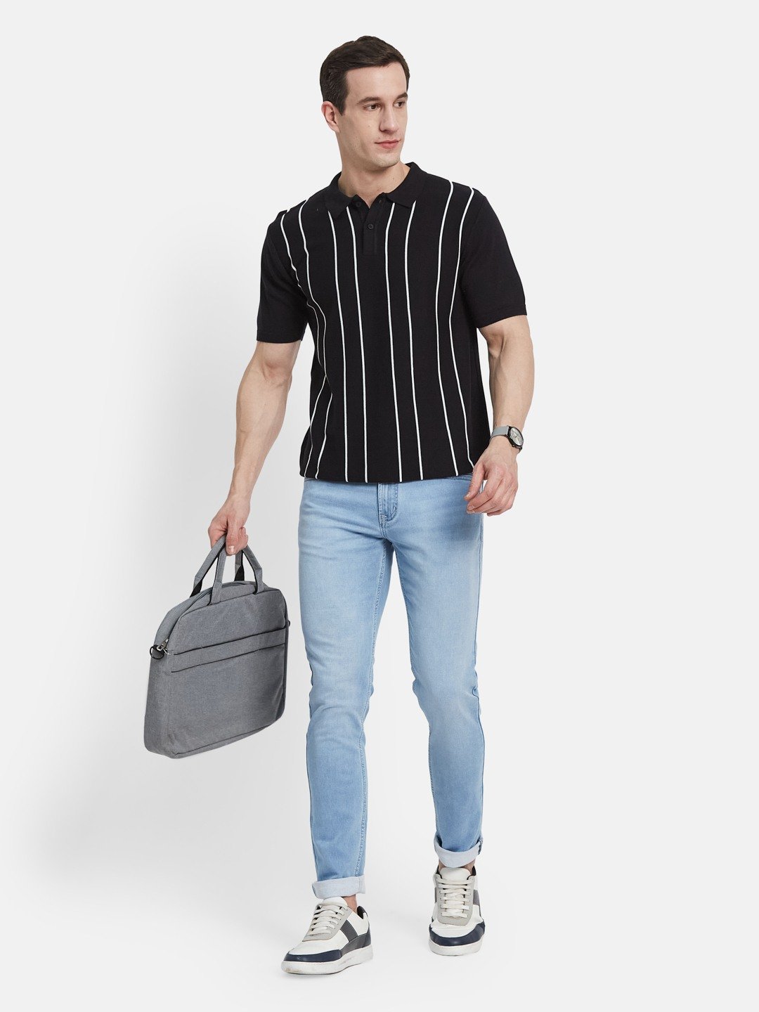 METTLE Men Striped Polo Collar Cotton T-shirt
