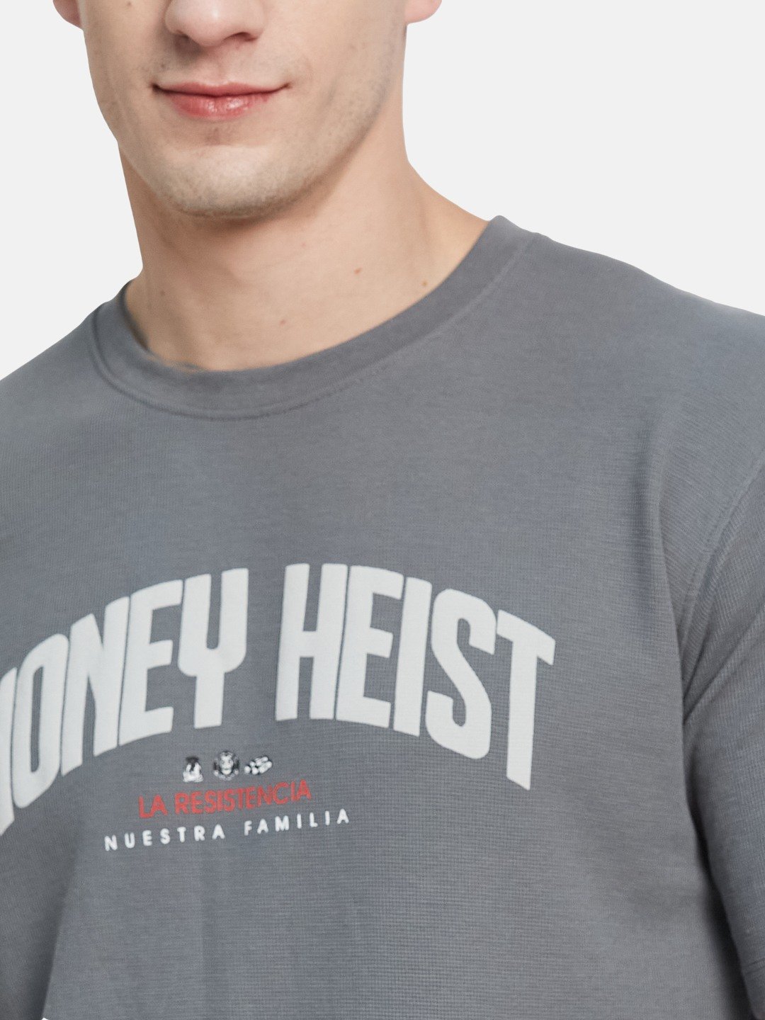 OVERSIZED NETFLIX MONEY HEIST PRINT ROUND NECK WAFFLE KNIT T-SHIRT