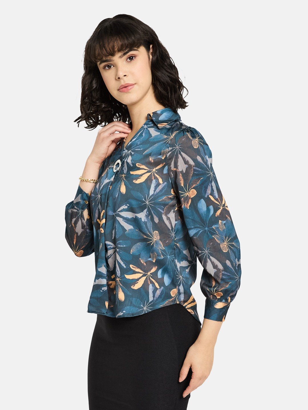 METTLE Women Teal Floral Print Cotton Top