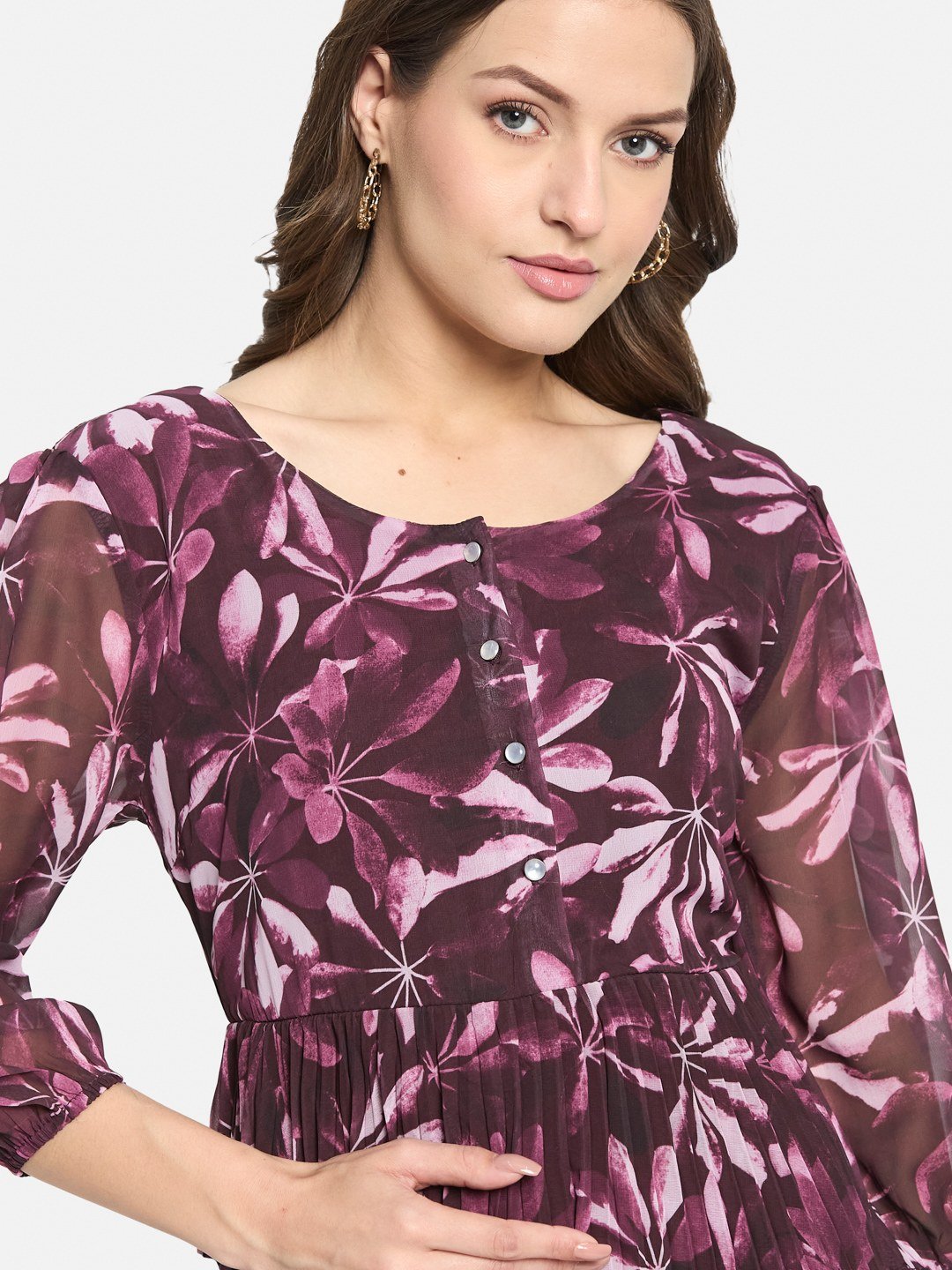 METTLE Women Floral Print Puff Sleeve Accordion Pleats Midi Fit & Flare Dress