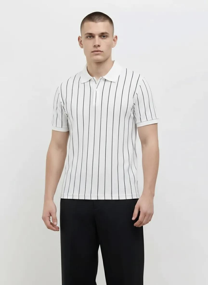 Men Off White Striped Polo Collar T-shirt