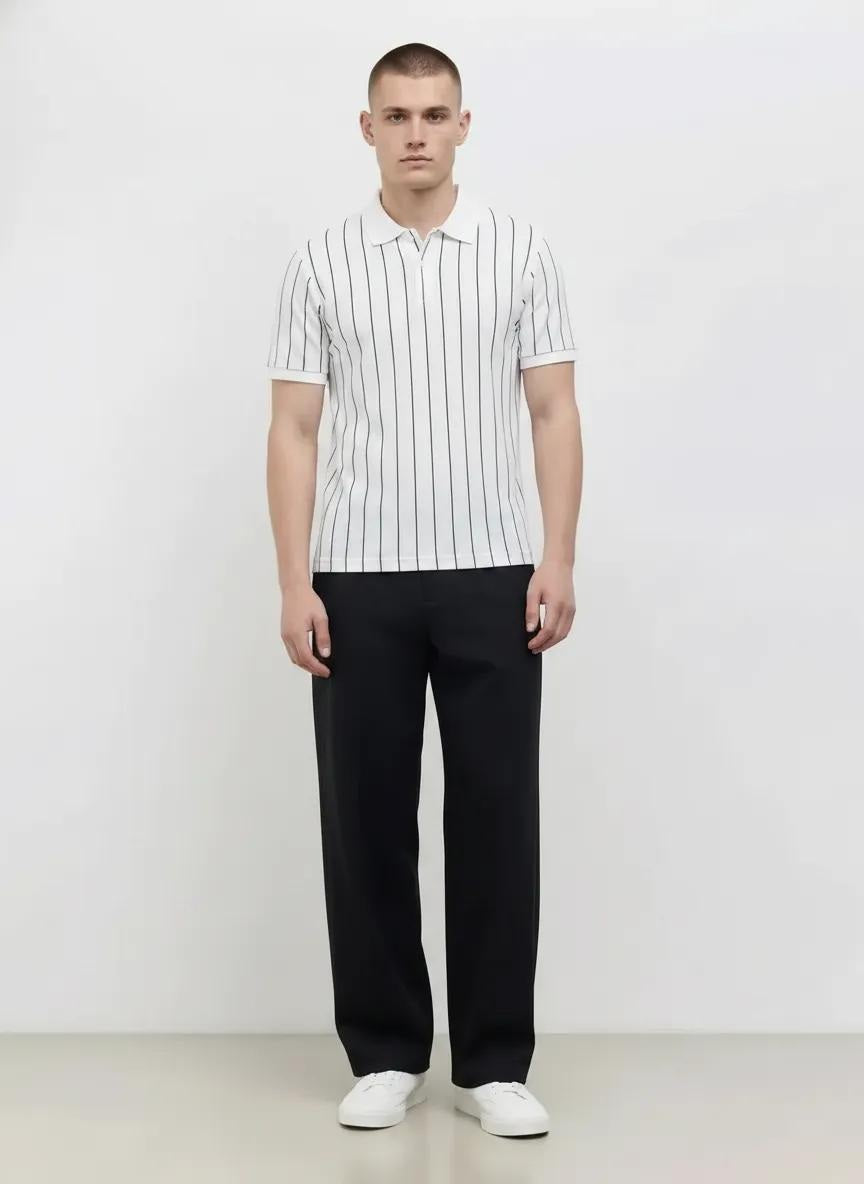 Men Off White Striped Polo Collar T-shirt