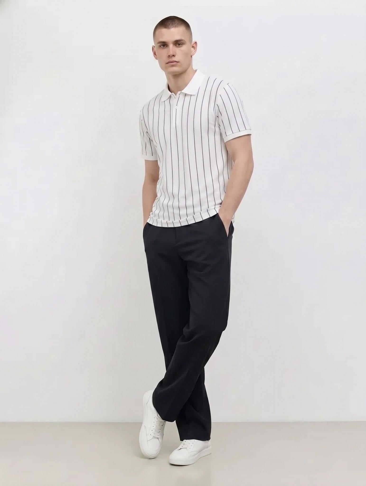 Men Off White Striped Polo Collar T-shirt