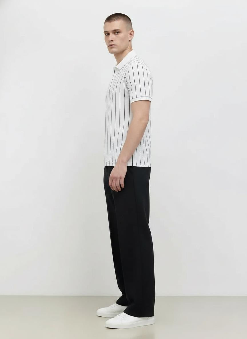 Men Off White Striped Polo Collar T-shirt