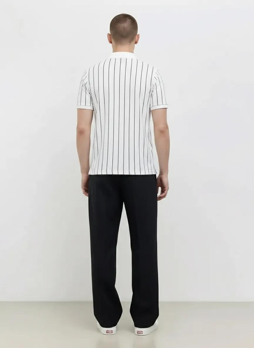 Men Off White Striped Polo Collar T-shirt