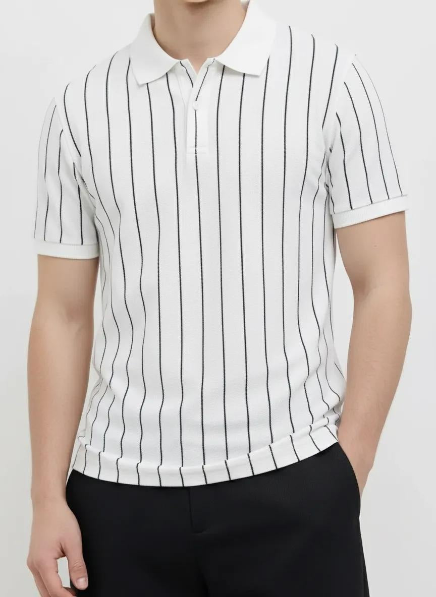 Men Off White Striped Polo Collar T-shirt