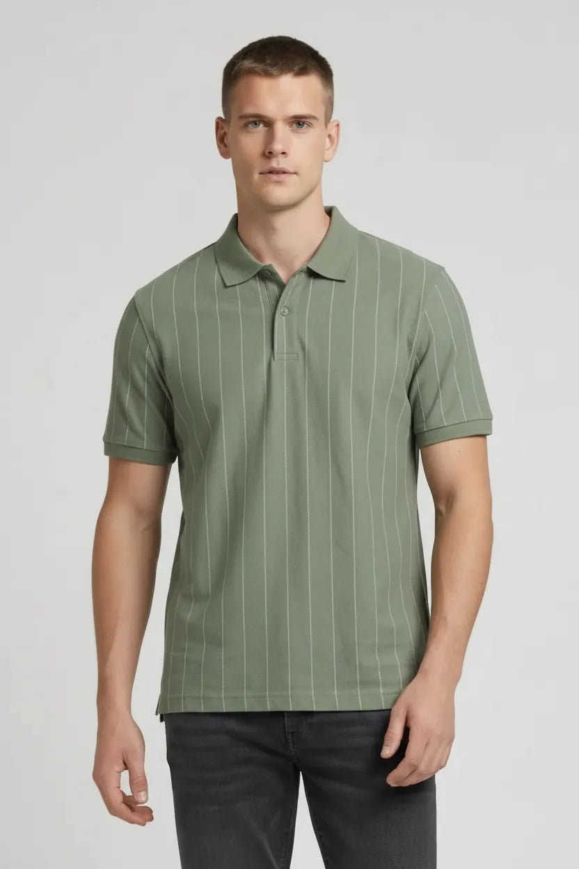 Men Oil Green Striped Polo Collar T-shirt
