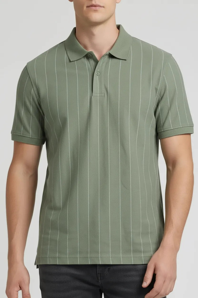Men Oil Green Striped Polo Collar T-shirt
