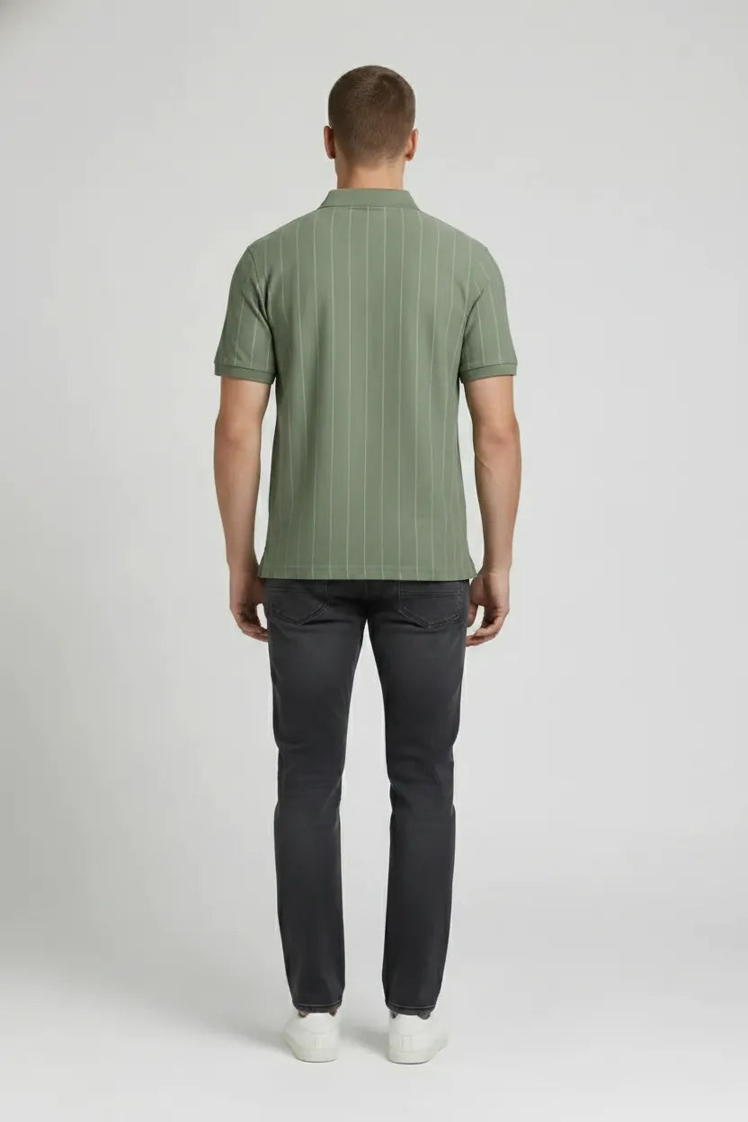 Men Oil Green Striped Polo Collar T-shirt