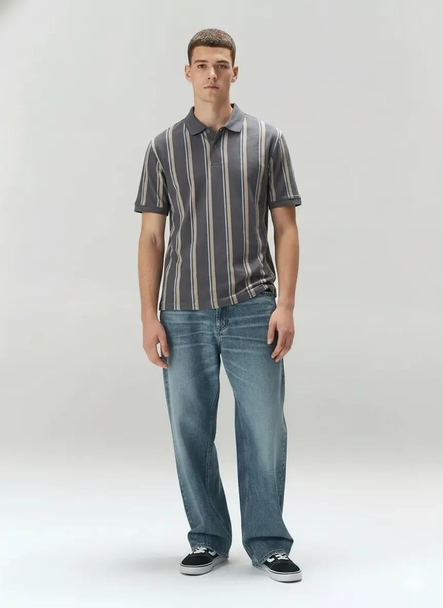 Men Navy White Striped Polo Collar T-shirt