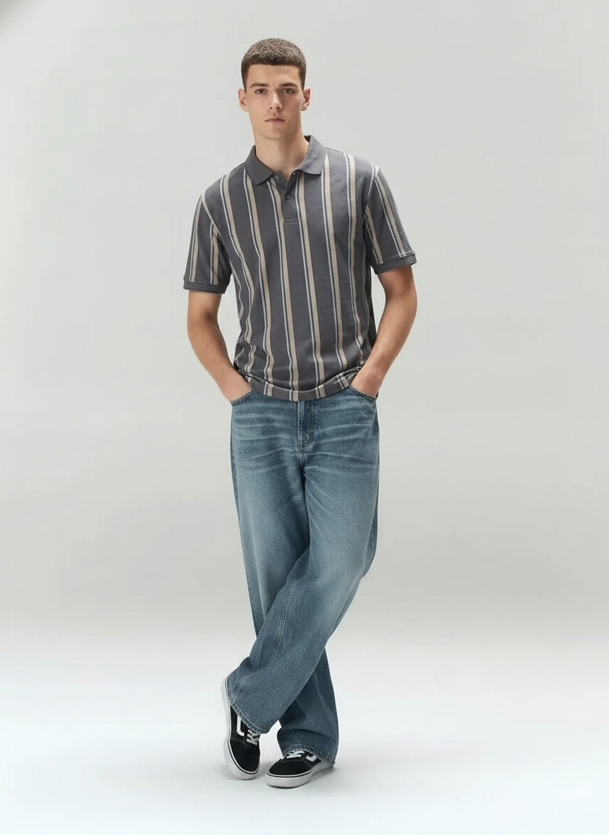 Men Navy White Striped Polo Collar T-shirt