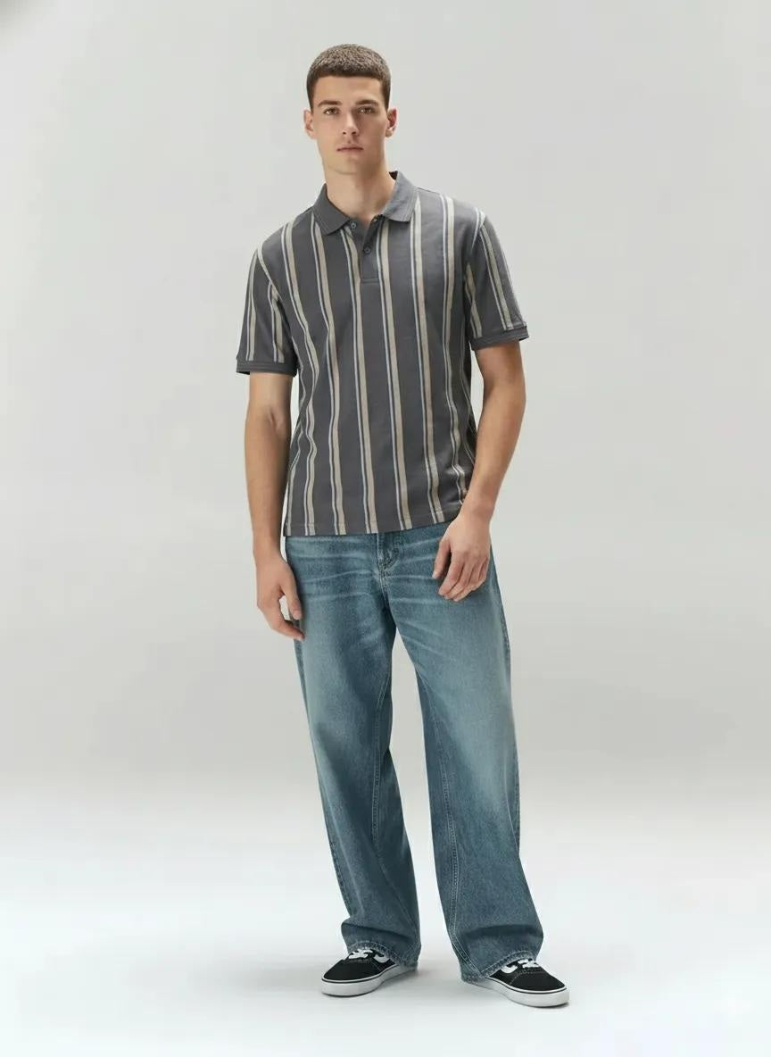 Men Navy White Striped Polo Collar T-shirt