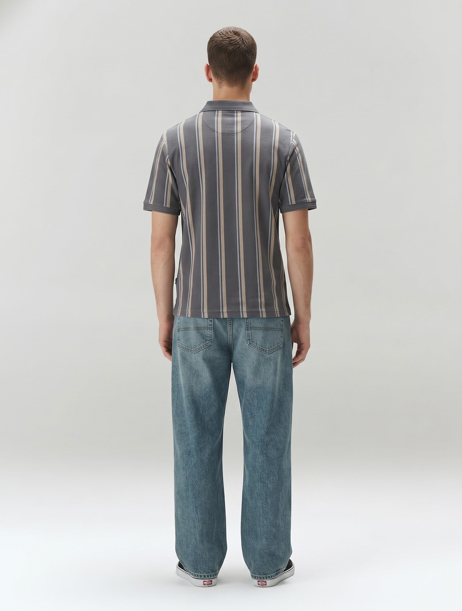 Men Navy White Striped Polo Collar T-shirt