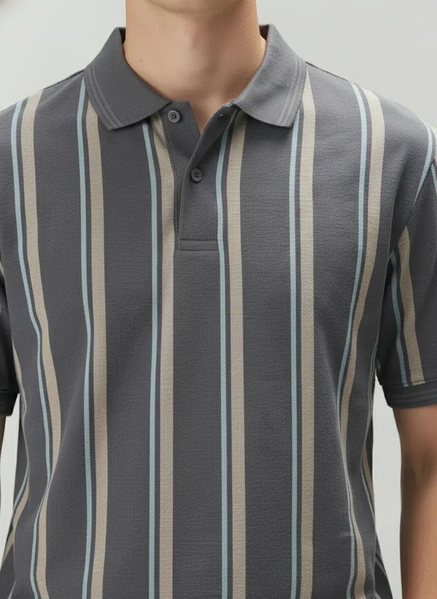 Men Navy White Striped Polo Collar T-shirt