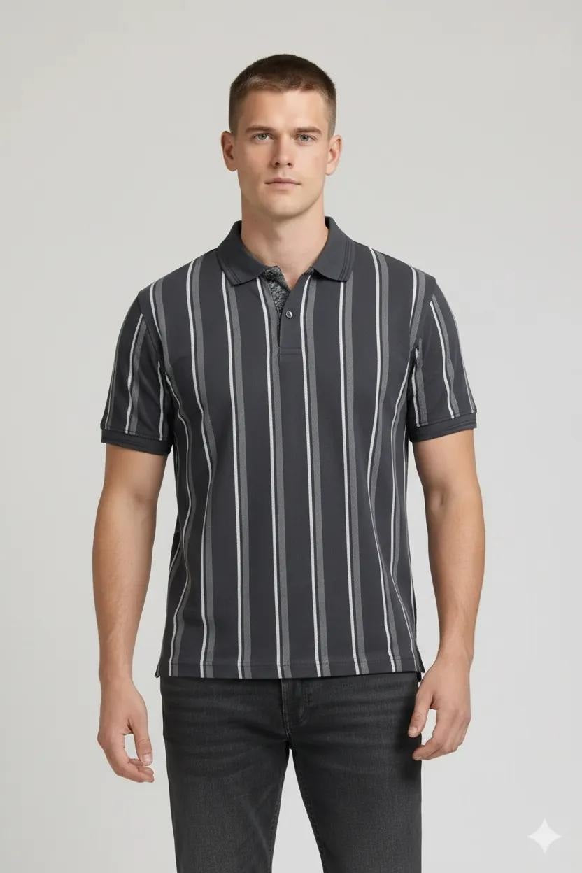 Men Navy Green Striped Polo Collar Pockets T-shirt