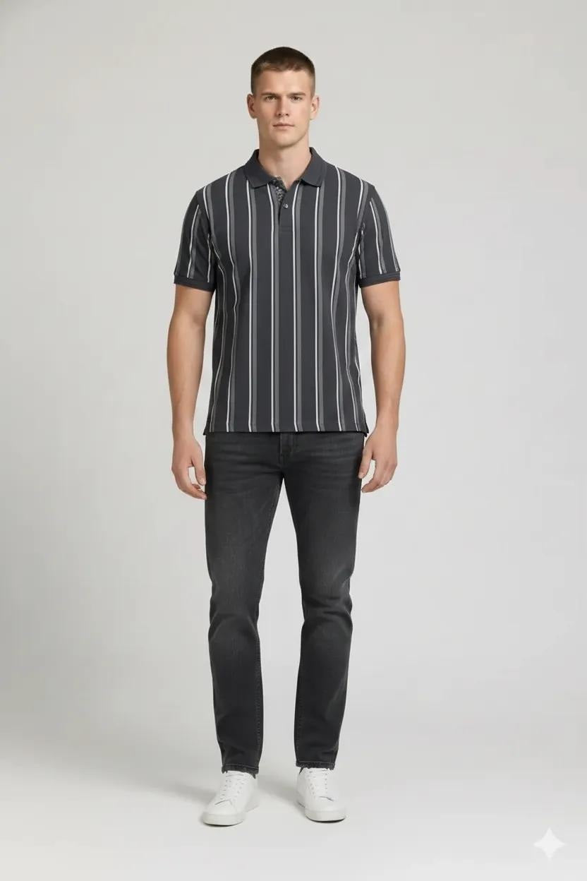 Men Navy Green Striped Polo Collar Pockets T-shirt