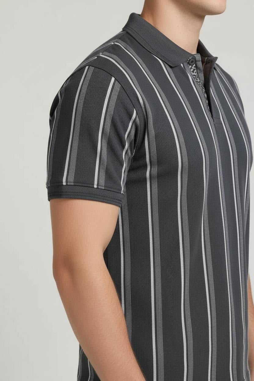 Men Navy Green Striped Polo Collar Pockets T-shirt