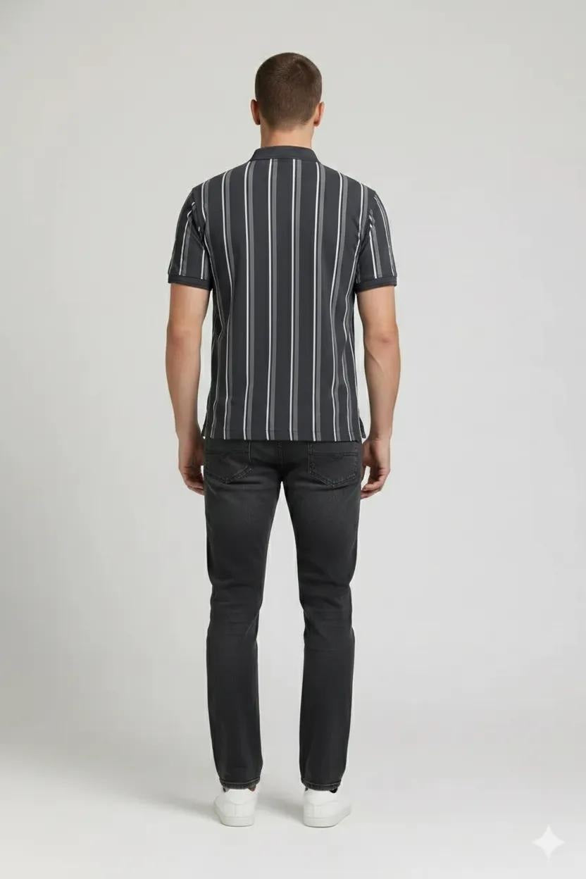 Men Navy Green Striped Polo Collar Pockets T-shirt