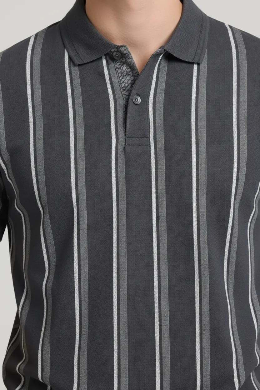 Men Navy Green Striped Polo Collar Pockets T-shirt