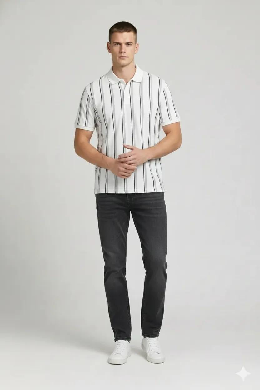 Men White Indigo Striped Polo Collar T-shirt