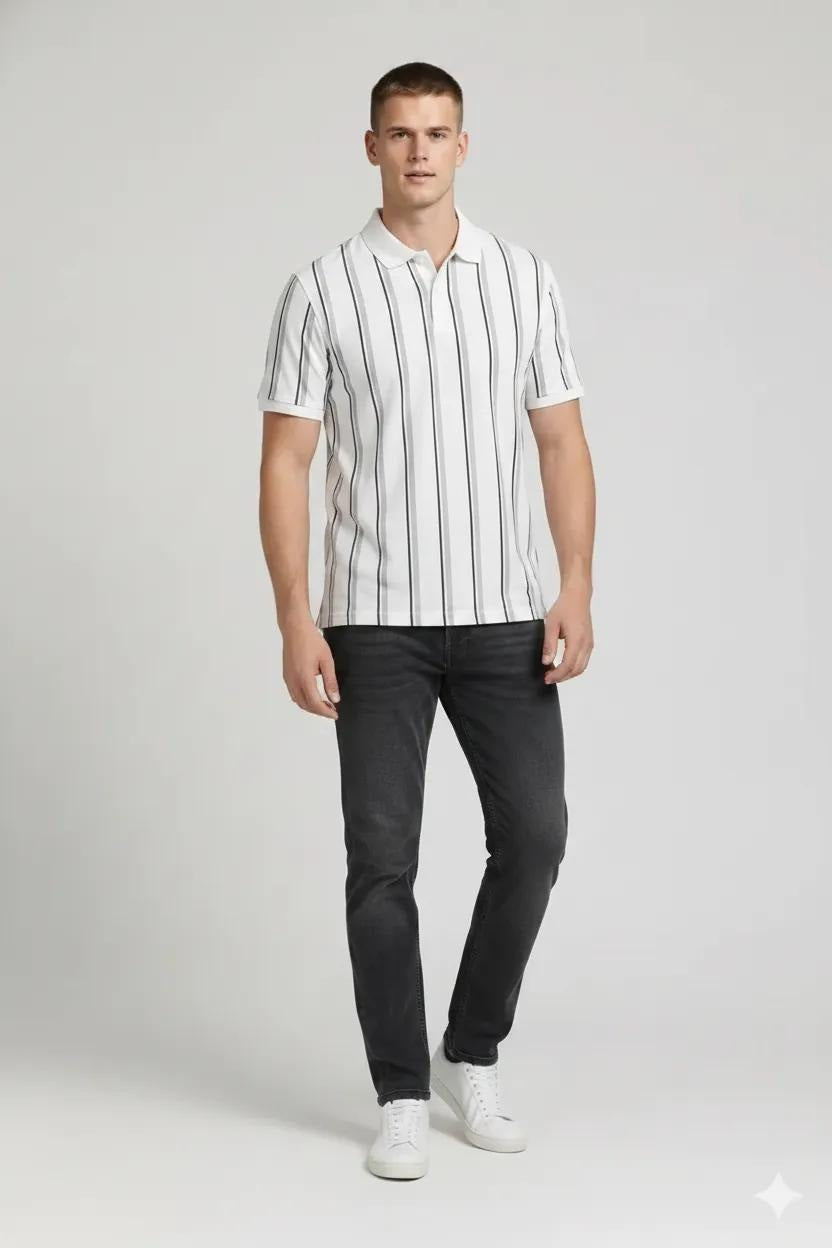 Men White Indigo Striped Polo Collar T-shirt