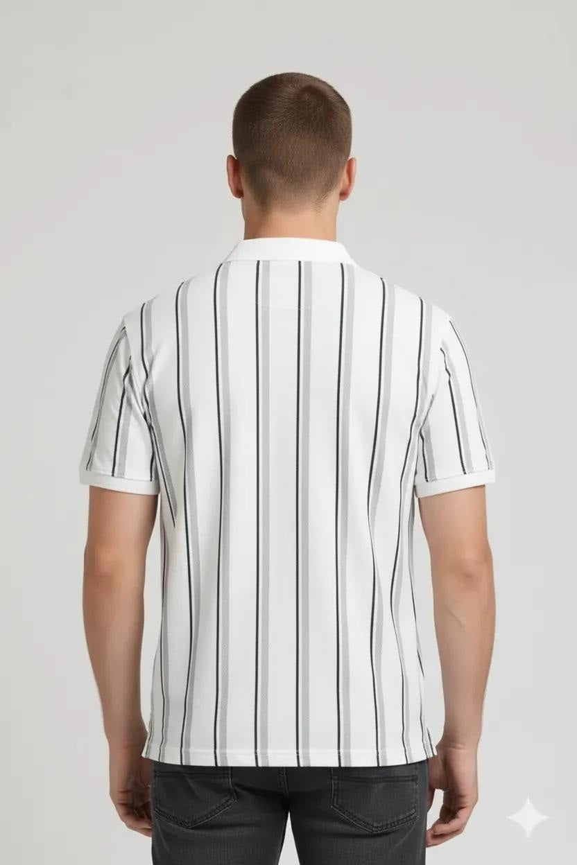 Men White Indigo Striped Polo Collar T-shirt