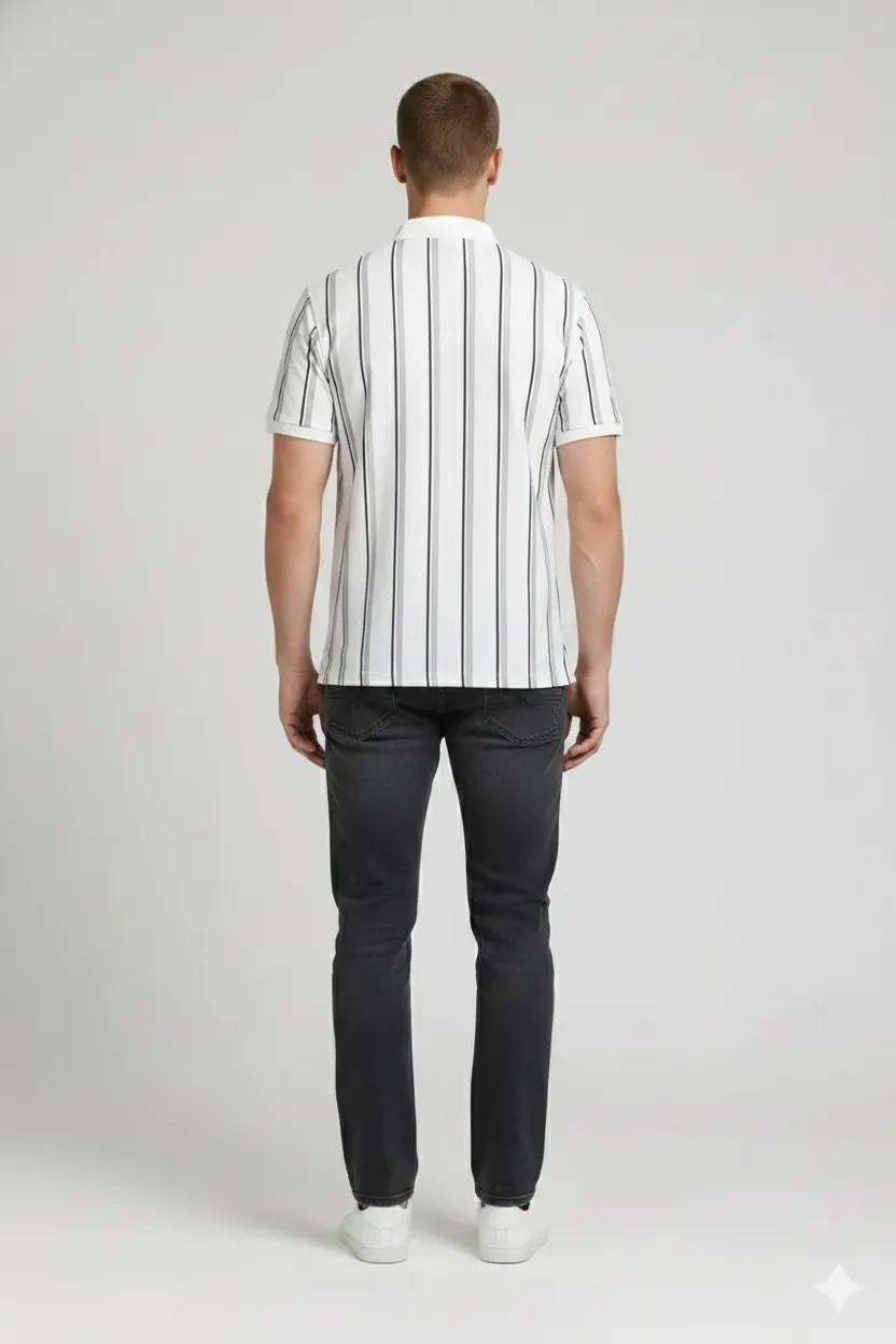 Men White Indigo Striped Polo Collar T-shirt