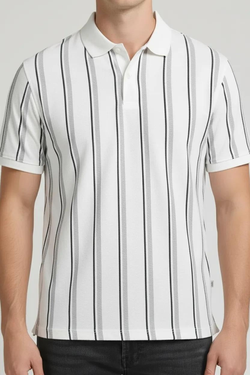 Men White Indigo Striped Polo Collar T-shirt