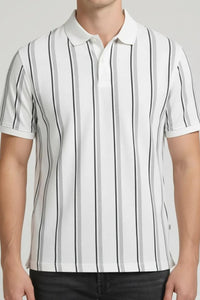 Men White Indigo Striped Polo Collar T-shirt