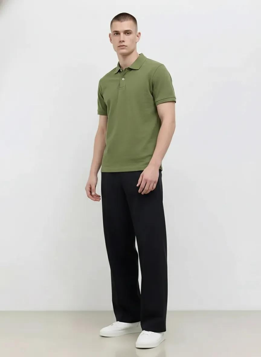 Men Oil Green Polo Collar Solid T-shirt