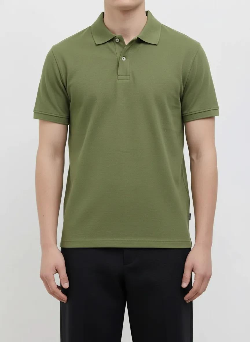 Men Oil Green Polo Collar Solid T-shirt