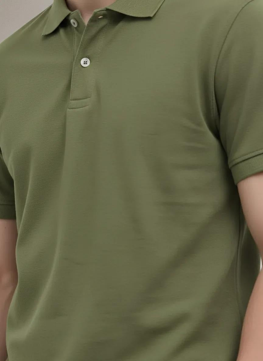 Men Oil Green Polo Collar Solid T-shirt
