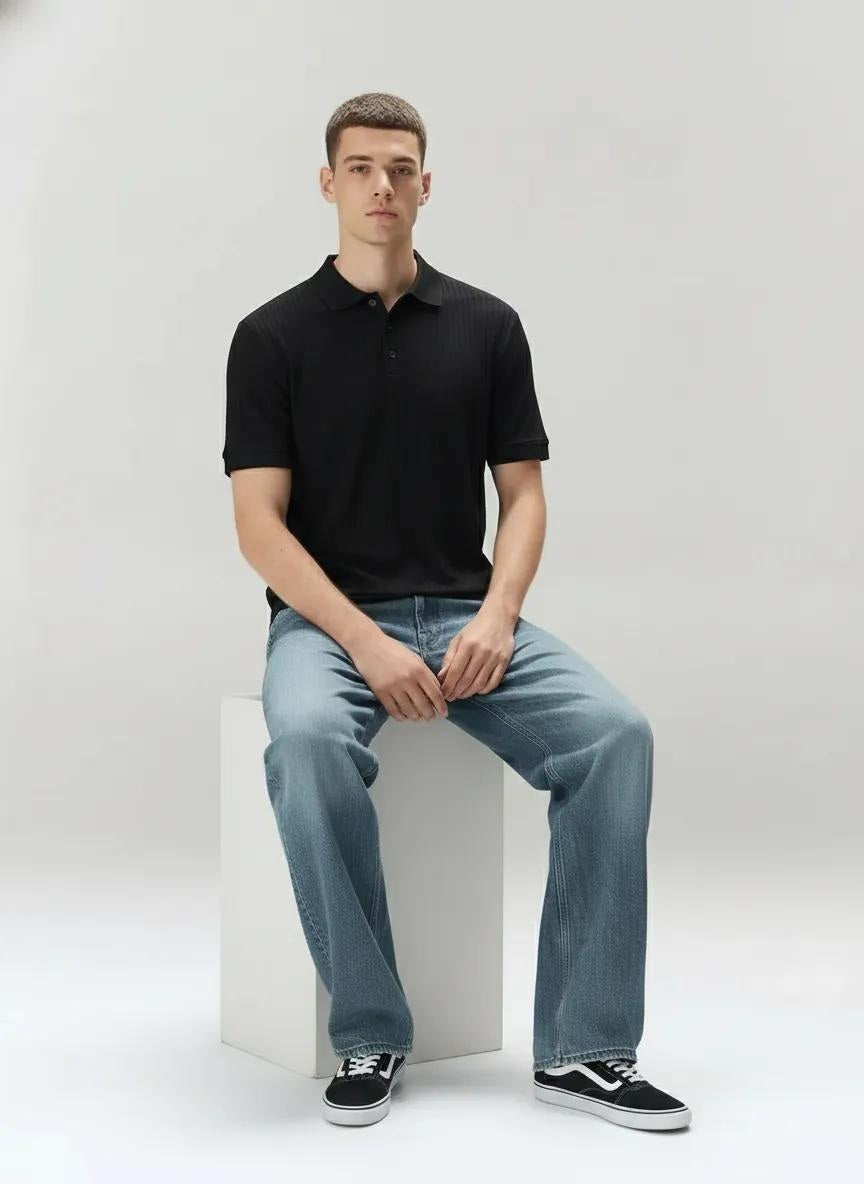 Men Black Polo Collar Solid T-shirt